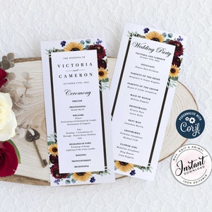 Peut inclure: Un modèle de programme de cérémonie et de réception de mariage imprimable avec des tournesols, des fleurs bordeaux et de la verdure. Le programme comprend la fête de mariage, l'ordre de la cérémonie et les noms de la mariée et du marié. Le texte indique "Le mariage de Victoria et Cameron, le 17 octobre 2021".