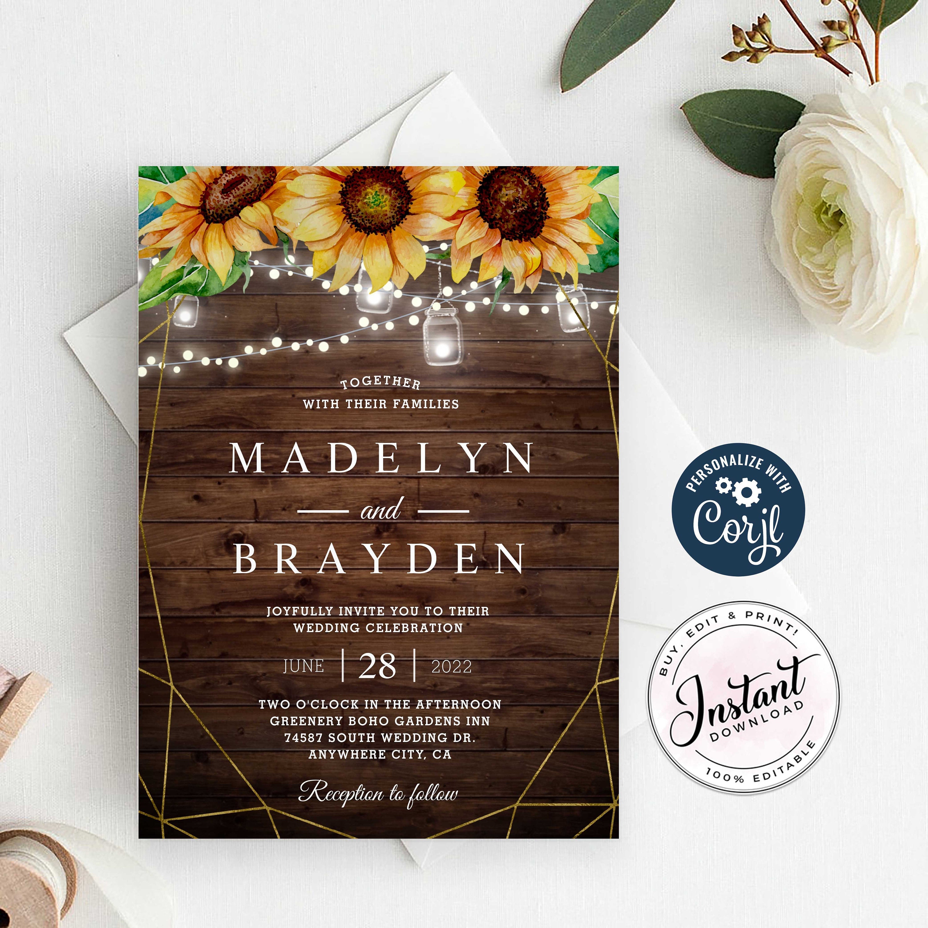 Rustic Lights Sunflower Barn Wood Wedding Invitation Template, Barn Wood Wedding  Invitation, Fairy Lights, Instant Download, Corjl - Etsy, image size:3000x3000