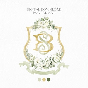 Crest Geometric White Flower Wedding Crest - Monogram Crest - Geometric Floral Luxury Watercolor Wedding Crest - Romantic Wedding Crest