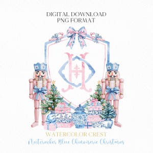 May include: Watercolor illustration featuring a crest with a pink and blue bow, two nutcrackers, Christmas trees, and wrapped gifts. The text "DIGITAL DOWNLOAD PNG FORMAT" and "WATERCOLOR CREST Nutcracker Blue Chinoiserie Christmas" are also included.