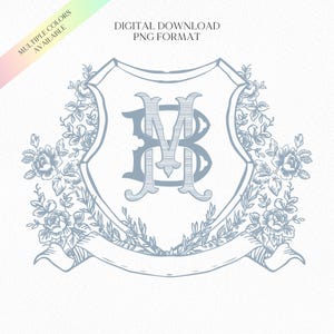Vintage Blue Botanicals Flower Crest - Monogram Crest - Botanicals Floral Luxury Line art Wedding Crest - Romantic Wedding Crest