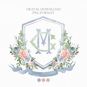Pink & Blue Flower Wedding Crest - Monogram Crest - Roses Floral Luxury Watercolor Wedding Crest - Romantic Wedding Crest