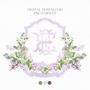 Lilac Lavender Purple Flower Wedding Crest - Monogram Crest - lavender purple Floral Luxury Watercolor Wedding Crest, Romantic Wedding Crest