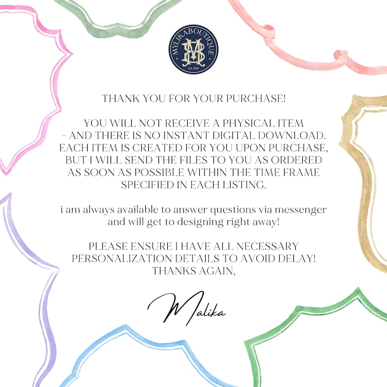 May include: A digital download thank you note with a decorative border in pastel colors. The text includes a thank you message, details about digital items, and contact information. The signature "Malika" is at the bottom.