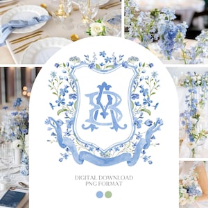 Escudo de boda de flor silvestre azul - Escudo de monograma - Escudo de boda de acuarela floral de lujo de flor silvestre - Escudo de boda romántico - Flor silvestre bohemia