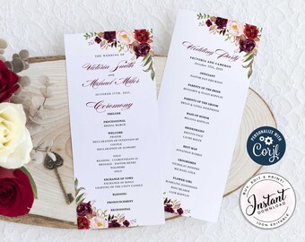 May include: Wedding ceremony program with burgundy and blush floral design. The program includes the order of ceremony and the wedding party. The text reads "The Wedding of Victoria Smith and Michael Miller, October 17th, 2021, Ceremony".