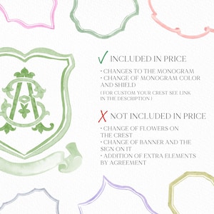 May include: Watercolor design elements featuring crests and decorative frames in pastel colors. The image includes text indicating what is included and not included in the price, such as monogram changes and color adjustments.