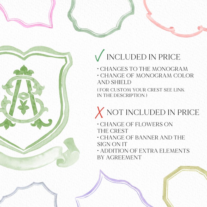 May include: Watercolor design elements featuring crests and decorative frames in pastel colors. The image includes text indicating what is included and not included in the price, such as monogram changes and color adjustments.
