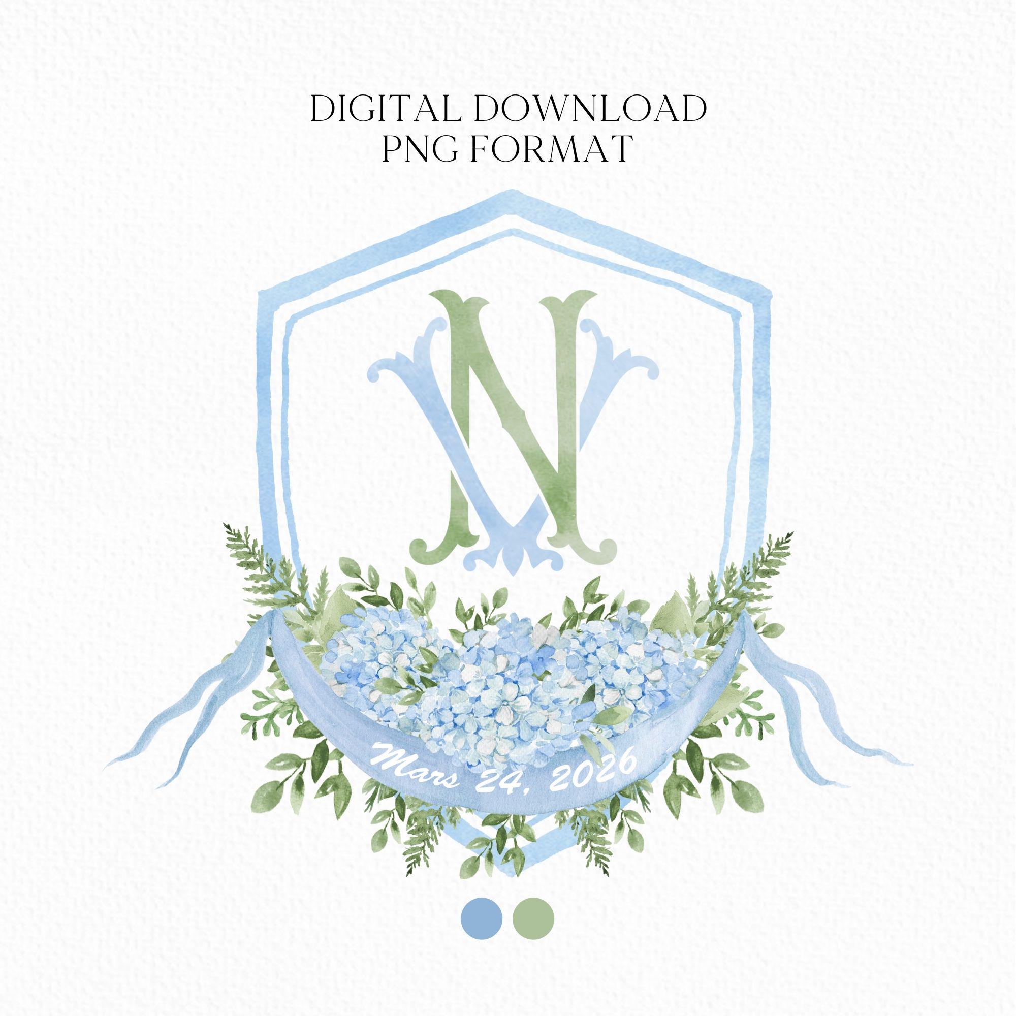 Hydrangea Flower Wedding Crest - Monogram Crest - Hydrangea Floral Blue Watercolor Wedding Crest - Romantic Wedding Crest - Boho Hydrangea