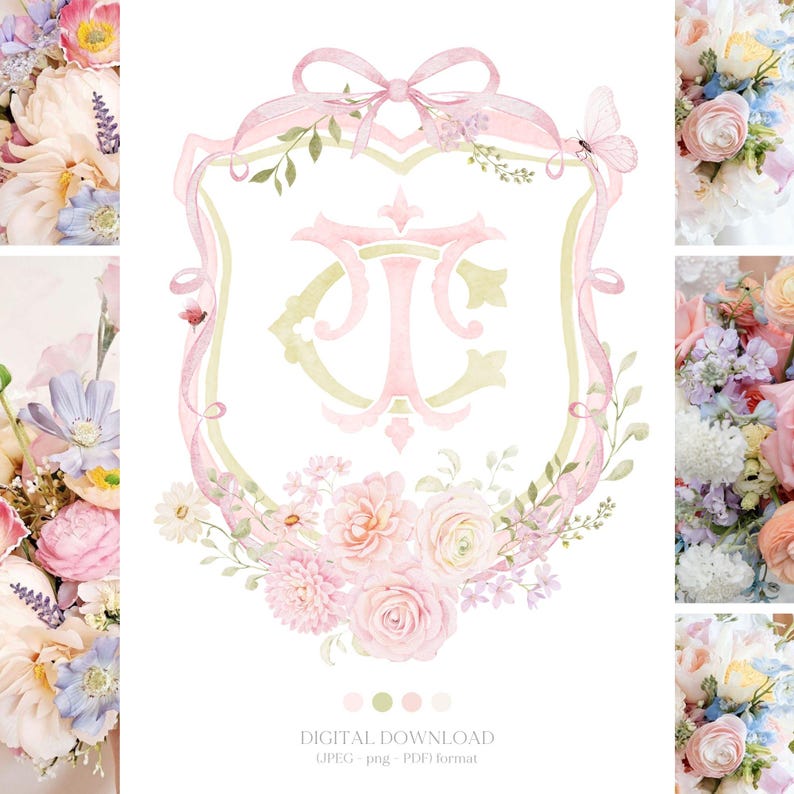 Rose Bright Floral Colorful Watercolor Wedding Crest - Monogram Crest ...