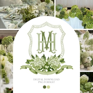 Groene hortensia bloem bruiloft embleem - monogram embleem - hortensia bloemen aquarel bruiloft embleem - romantische bruiloft embleem - Boho-hortensia