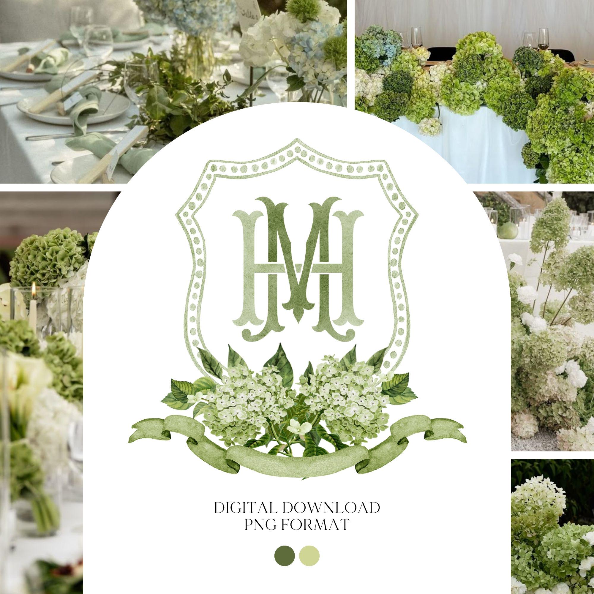Green Hydrangea Flower Wedding Crest - Monogram Crest - Hydrangea Floral Watercolor Wedding Crest - Romantic Wedding Crest - Boho Hydrangea