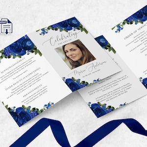 Modèle de programme funéraire bleu royal, modèle de programme funéraire floral bleu royal, modèle de programme commémoratif, programme commémoratif