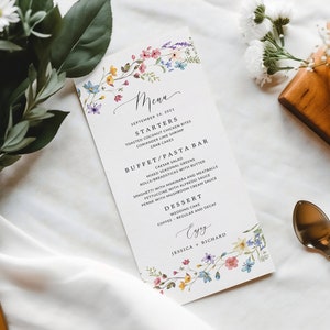 May include: A wedding menu with floral illustrations and the text "Menu, September 14, 2021". The menu lists starters, a buffet and pasta bar, dessert, and coffee options.