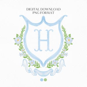 Watercolor Eucalyptus Light Blue Roses Flower Wedding Crest - Monogram Crest -  Luxury Watercolor Wedding Crest - Romantic Wedding Crest