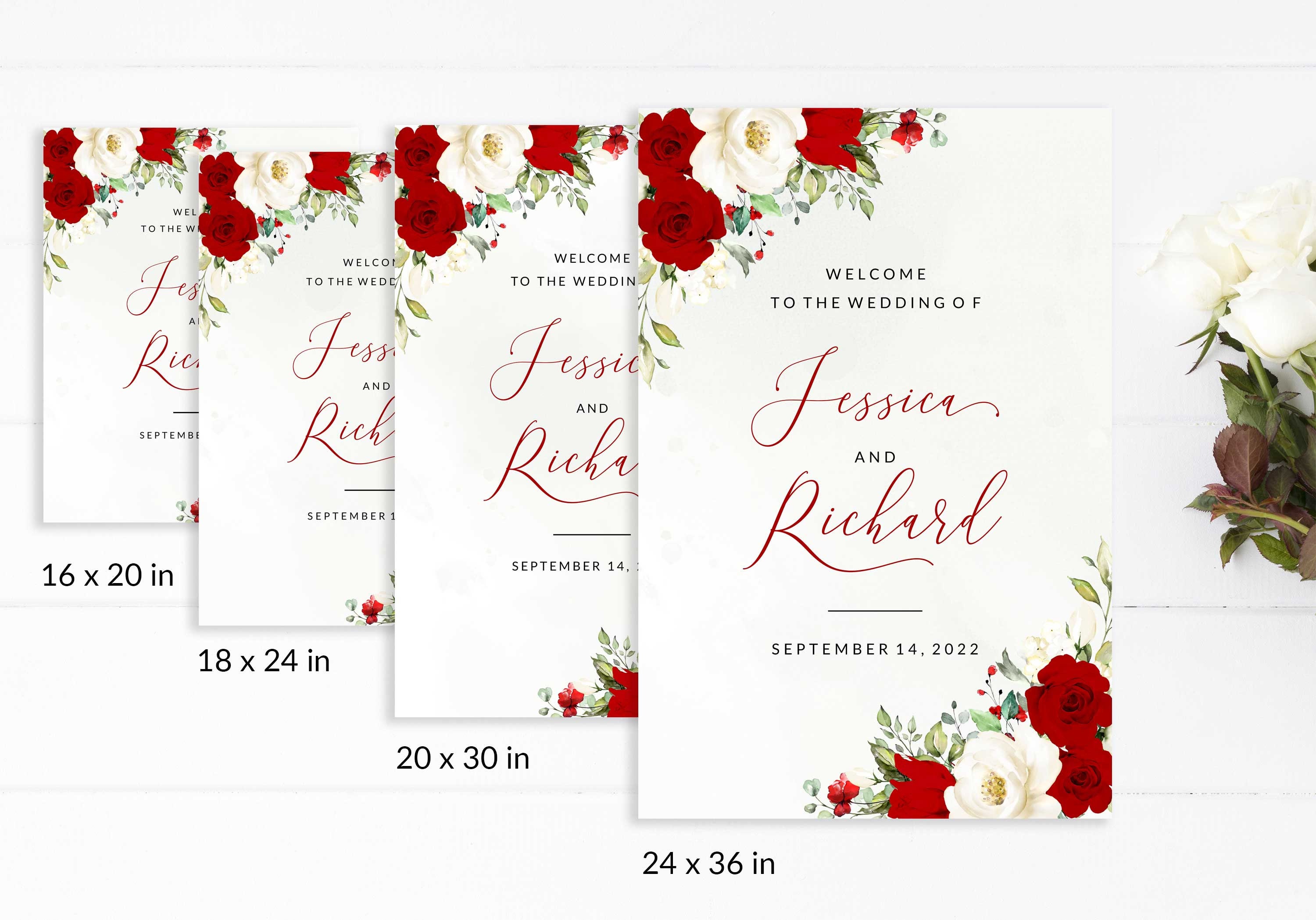 ROSIE Red and White Roses Wedding Welcome Sign, Red Roses Wedding Sign ...