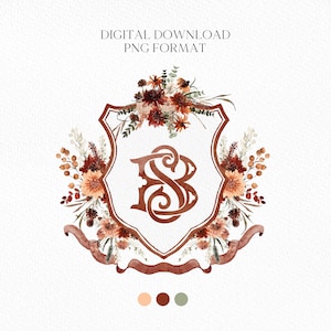 Terracotta Flower Wedding Crest - Monogram Crest - Autumn Fall Floral Luxury Watercolor Wedding Crest - Romantic Wedding Crest- Boho Fall