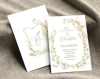 Wildflower Wedding Invitation Template, Printable Wedding Invitation, Wedding Invitation, Pastel Wildflower Invitation, Floral Wreath invite