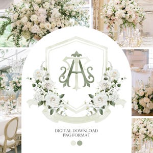 White Rose Greenery White Flower Wedding Crest - Monogram Crest - White Floral Watercolor Wedding Crest - Romantic Wedding Crest