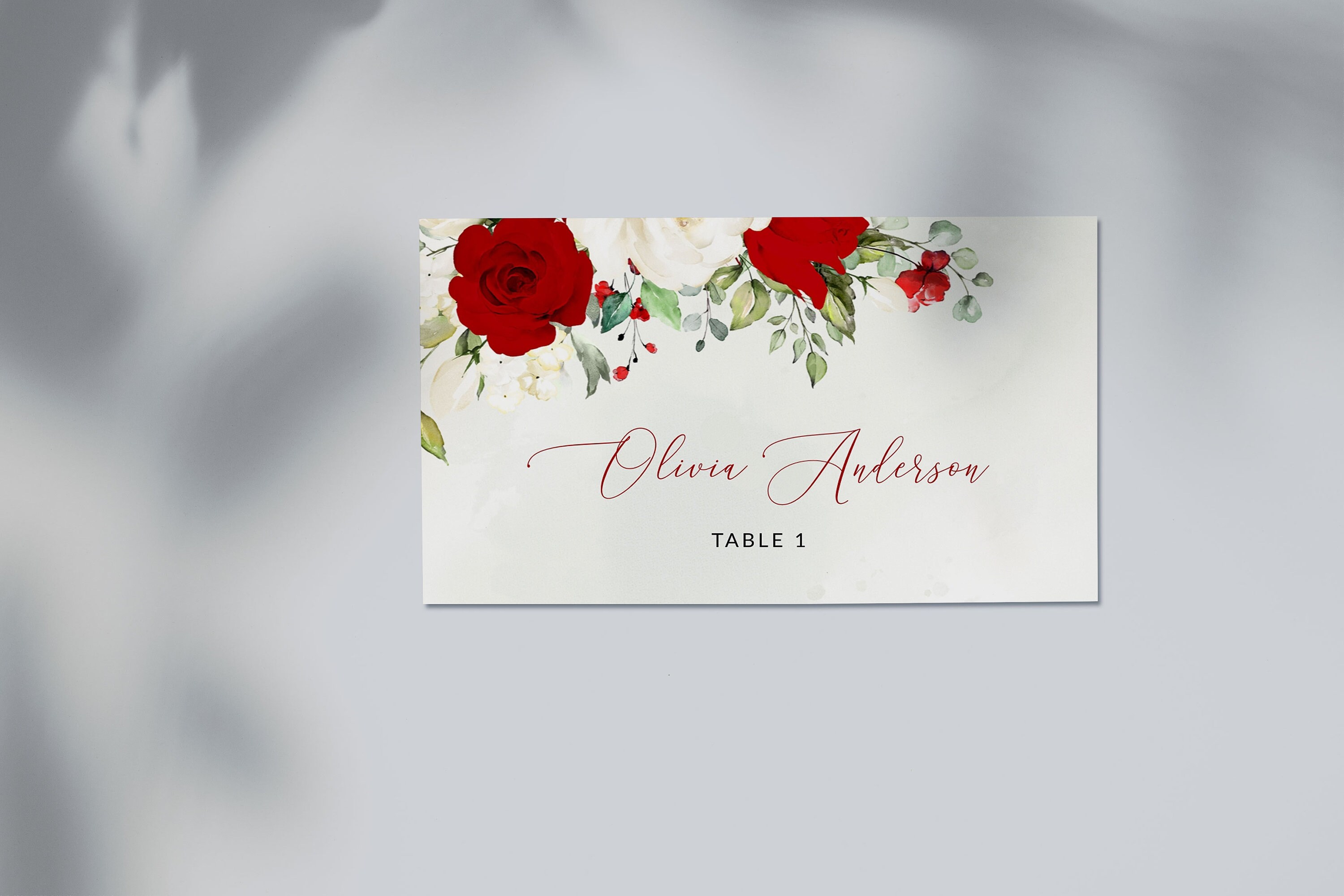 ROSIE Printable Table Name Card, Red and White Roses Place Cards ...