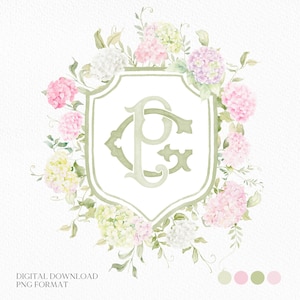 May include: Watercolor floral crest design featuring a shield with the intertwined letters "C" and "G" in a soft green hue. The crest is surrounded by a wreath of pink, white, and green hydrangeas, with delicate leaves.
