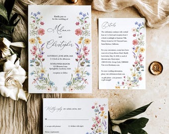 Wildflower Wedding Invitation Template, Printable Wedding Invitation, Wedding Invitation, Pastel Wildflower Invitation, Floral Wreath invite