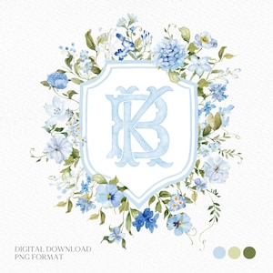 Blue Wildflowers Bright Floral Colorful Watercolor Wedding Crest - Monogram Crest - Floral Watercolor Wedding Crest - Romantic Wedding Crest