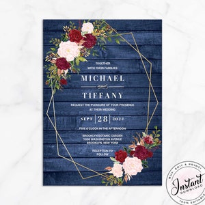 Navy Blue Burgundy Gold Blush Pink Country Wedding Invitation, wood Invite, Wedding Invitation, Editable Template, Instant Download