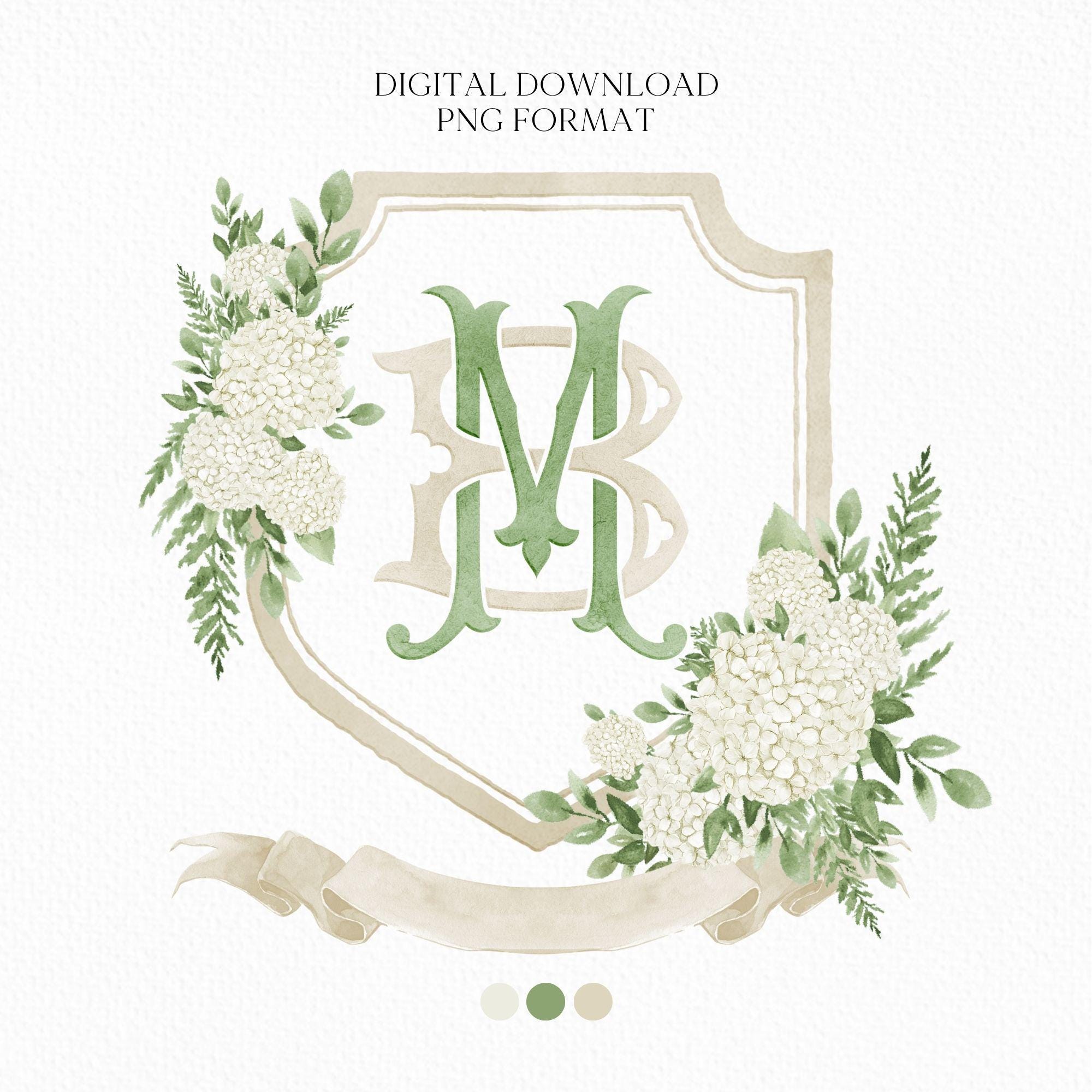 White Hydrangea Flower Wedding Crest - Monogram Crest - Hydrangea Floral Luxury Watercolor Wedding Crest - Romantic Wedding Crest