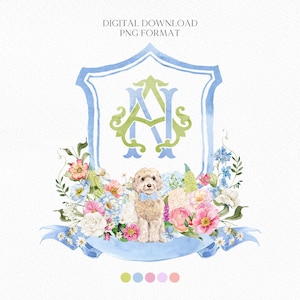 Wildflowers Bright Floral Hydrangea Watercolor Wedding Crest - Monogram Crest - Floral Watercolor Wedding Crest - Romantic Wedding Crest