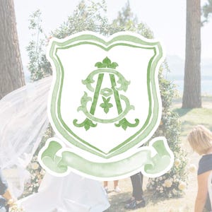 May include: A light green watercolor crest with the intertwined letters "A" and "S" in a decorative font. The crest is shield-shaped with a banner at the bottom. The background shows a wedding ceremony with a floral arch.