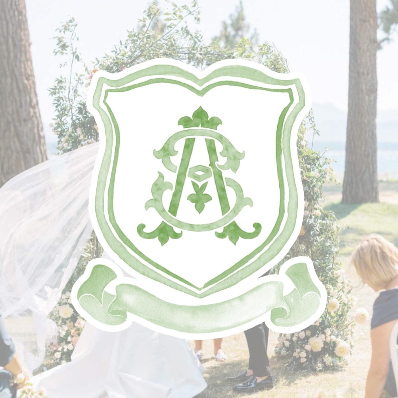 May include: A light green watercolor crest with the intertwined letters "A" and "S" in a decorative font. The crest is shield-shaped with a banner at the bottom. The background shows a wedding ceremony with a floral arch.