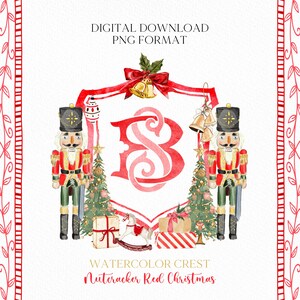 May include: A festive watercolour design with a red and pink crest, the letters "SB", and two toy nutcrackers. Christmas trees, wrapped gifts, and a rocking horse are also depicted. The text reads "DIGITAL DOWNLOAD PNG FORMAT" and "WATERCOLOR CREST Nutcracker Red Christmas".