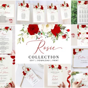 K&ouml;nnte beinhalten: Eine Sammlung von Hochzeitspapeterie mit einem floralen Design mit roten Rosen und wei&szlig;en Blumen. Enth&auml;lt Einladungen, Tischkarten, Men&uuml;s und einen Sitzplan. Der Text "Rosie Collection" wird angezeigt.