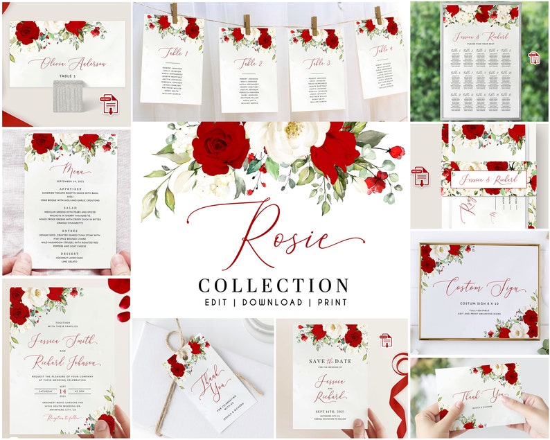 K&ouml;nnte beinhalten: Eine Sammlung von Hochzeitspapeterie mit einem floralen Design mit roten Rosen und wei&szlig;en Blumen. Enth&auml;lt Einladungen, Tischkarten, Men&uuml;s und einen Sitzplan. Der Text "Rosie Collection" wird angezeigt.