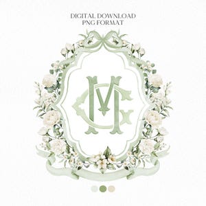 White Rose Greenery White Flower Wedding Crest - Monogram Crest - White Floral Watercolor Wedding Crest - Romantic Wedding Crest