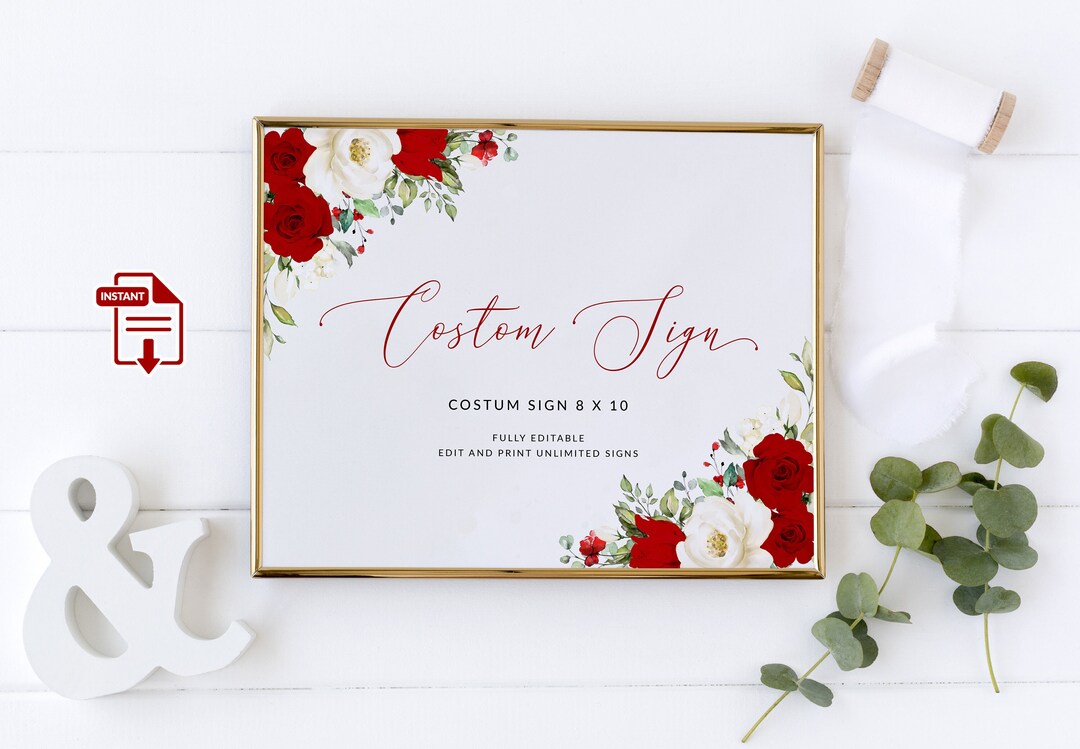 ROSIE - Red and White Roses Wedding Custom Sign, Red Roses Custom Sign ...