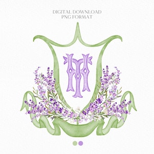Lilac Lavender Purple Flower Wedding Crest - Monogram Crest - Lavender purple Floral Luxury Watercolor Wedding Crest, Romantic Wedding Crest