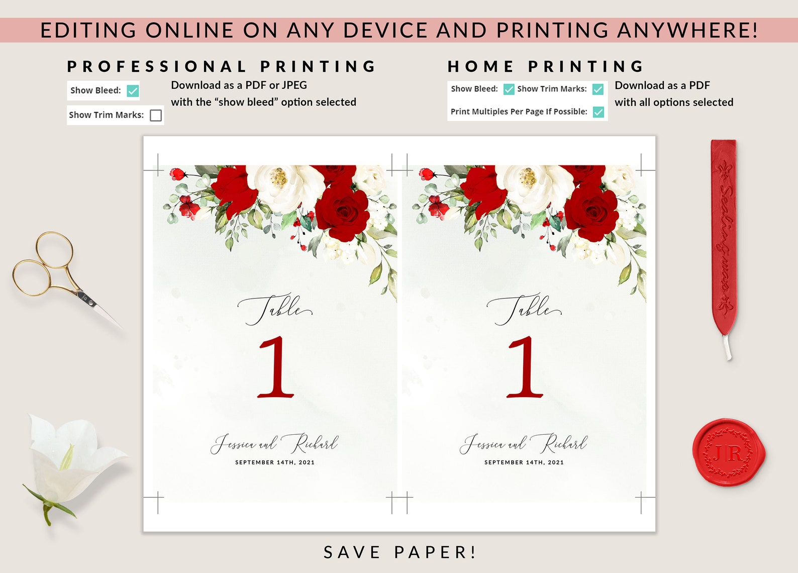 Red Roses Table Numbers ROSIE Red Floral Wedding Table Number, Red and White Roses Table Number ...