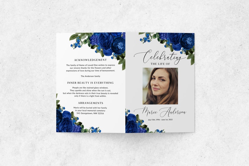 Royal Blue Funeral Program Template Royal Blue Floral Funeral Etsy