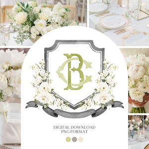 Creamy Rose Ivory Greenery White Flower Wedding Crest - Monogram Crest - White Floral Watercolor Wedding Crest - Romantic Wedding Crest