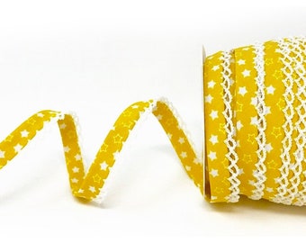 12mm Mustard Yellow & White Star Print Pre-Folded Bias Binding with Pique Lace Edge Trim
