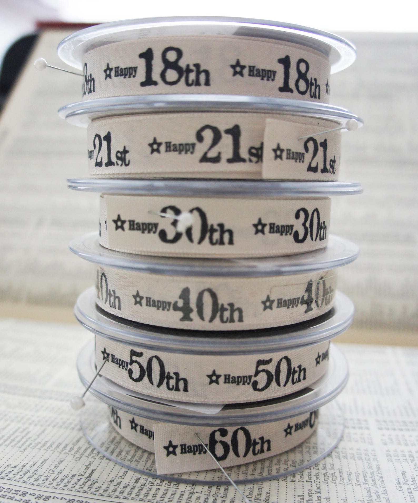 Birthday Ribbon | Age Anniversary Cream Grey 15mm 1m or Full Roll ...