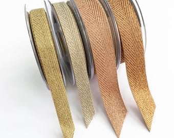 Metallic Christmas Ribbon | Rose Gold Silver Copper Herringbone Chevron | 15mm 25mm Wrapping & Craft