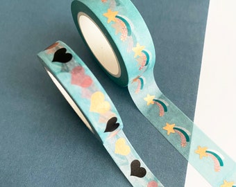 Blue Washi Tape - Set of 2 - Shooting Stars & Hearts with Rose Gold Foil Detail - 1.5cm x 10m and 1cm x 10m