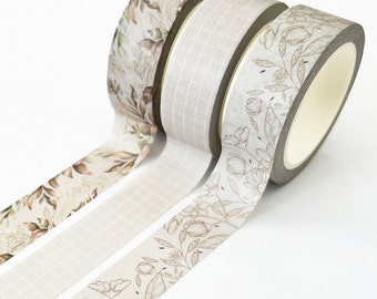 Floral Washi Tape Set of 3 | Neutral Tones | 1.5cm x 10m x 3 | Stationery Scrapbooking Journalling