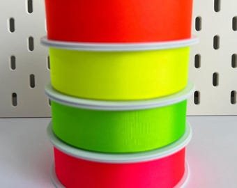 Neon Ribbon | 25mm x 20m | Fluorescent Green Yellow Pink & Orange | Metre or FULL ROLL | Sewing Wrapping Craft