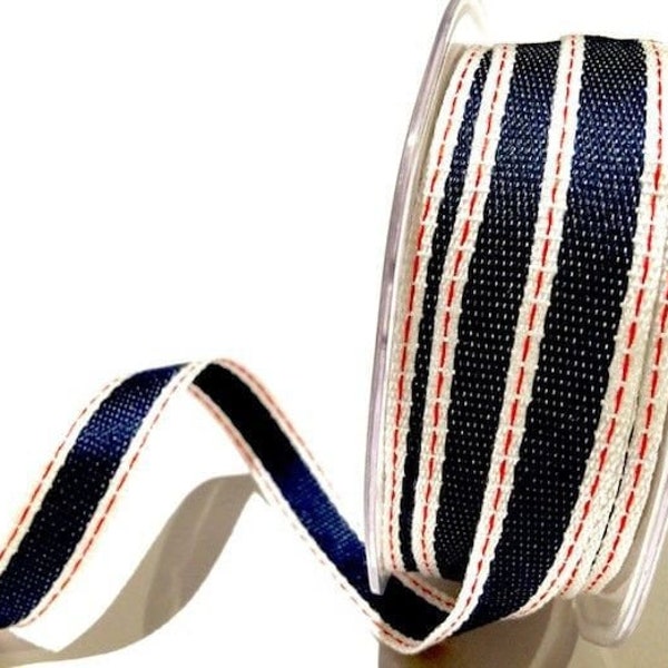 15mm Navy Red and White Saddle Stitch Textured Woven Like Denim Selvedge Ribbon 1m - Sewing Craft Wrapping - Per Metre or Full 15m Roll
