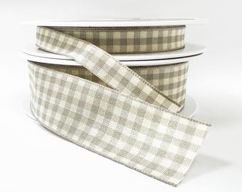 Warm Grey & Cream Gingham Ribbon | 10mm 25mm 1m Full 20m | Craft Wrapping Bows