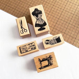 Sewing Themed Wooden Rubber Stamps - Choose from Scissors Mannequin Sewing Machine Fabric Cotton Reels - Printing Scrapbook